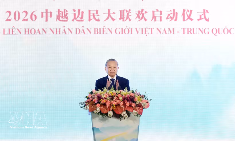 General Secretary of the Communist Party of Vietnam Central Committee and State President To Lam speaks at the launch ceremony of the Vietnam–China Border People’s Festival 2026 on April 17 in Nanning city of Guangxi as part of his state visit to China. (Photo: VNA)