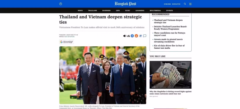 The article " Thailand and Vietnam deepen strategic ties" on Bangkok Post. (Photo published by VNA)