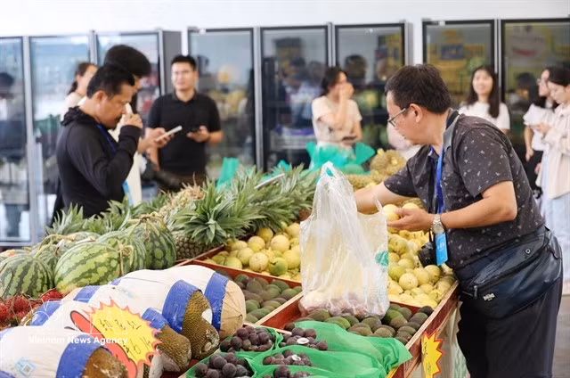 Vietnamese fruits including durian and passion fruit are displayed for sale at an international friendship border gate fair with China. (Photo: VNA)