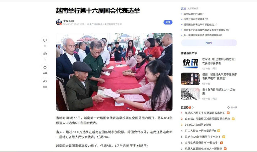 China Central Television (CCTV) reports on Vietnam’s election.( Photo: VNA) 