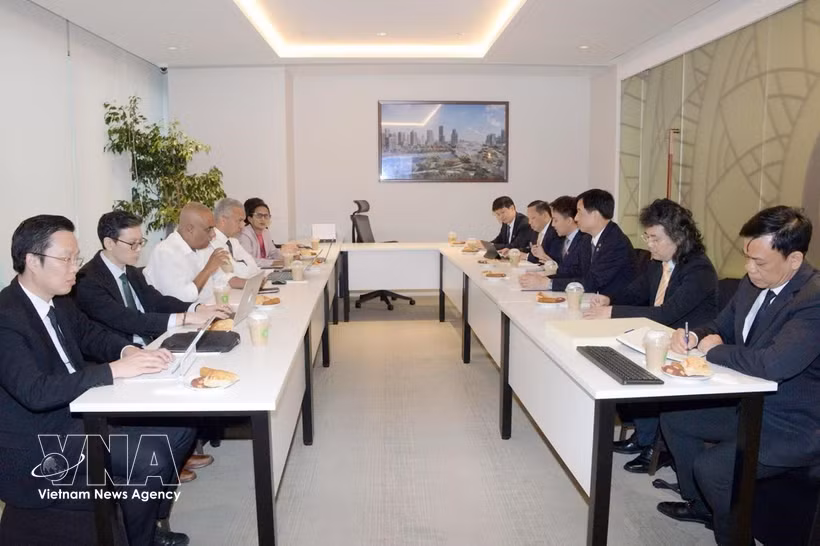 Politburo member Nguyen Duy Ngoc (third, right), who is Standing Deputy Head of the Central Steering Committee for Science-Technology Development, Innovation and Digital Transformation, holds a working session with the Colombo Port City Management Board. (Photo: VNA)