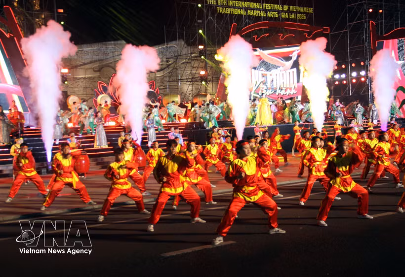 A mass performance of Vietnam's traditional martial arts during the festival's opening ceremony in Gia Lai on August 2, 2026. (Photo: VNA)