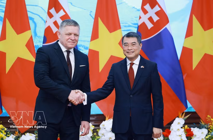 Prime Minister Le Minh Hung (right) and his Slovak counterpart Robert Fico meets in Hanoi on April 13. (Photo: VNA)