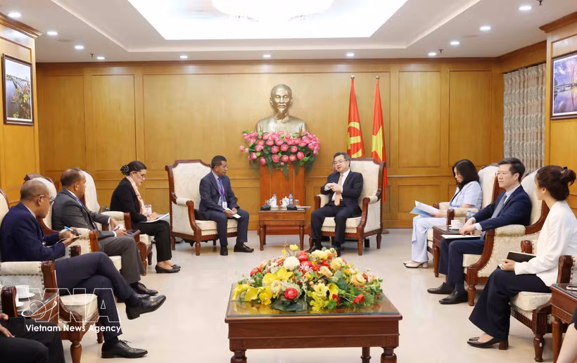 A view of the meeting between Nguyen Thanh Nghi, Politburo member, Secretary of the Communist Party of Vietnam (CPV) Central Committee and Chairman of the CPV Central Committee’s Commission for Policies and Strategies, and a delegation of Timor-Leste’s National Congress for Timorese Reconstruction (CNRT), led by its First Deputy Secretary-General Jacinto Rigoberto Gomes de Deus, in Hanoi on June 9. (Photo: VNA)