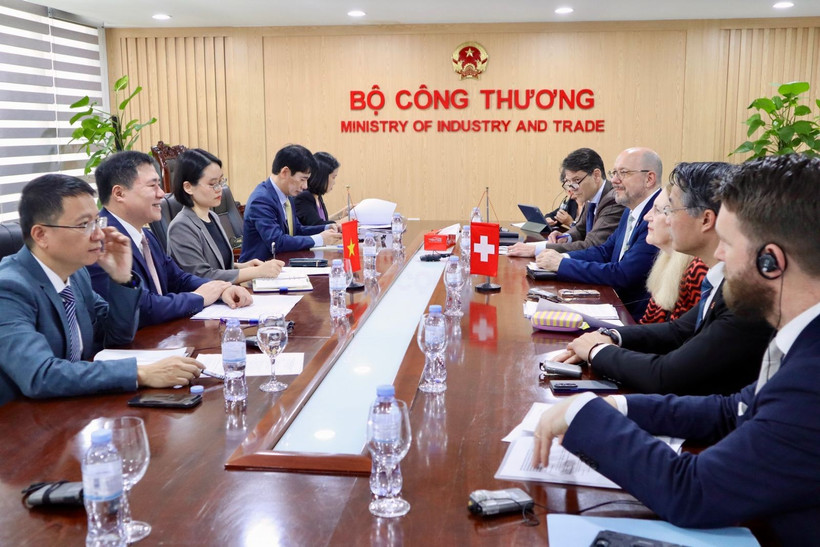 The meeting between Deputy Minister of Industry and Trade Nguyen Sinh Nhat Tan and Director of Switzerland’s State Secretariat for Economic Affairs Helene Budliger Artieda in Hanoi on March 16. (Photo: moit.gov.vn)