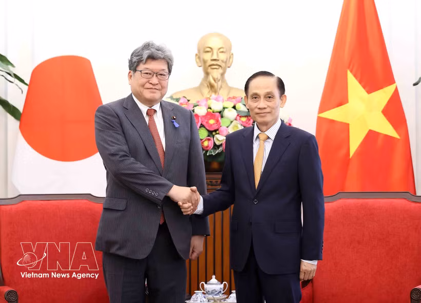 Politburo member and Minister of Foreign Affairs Le Hoai Trung (R) receives Japan's Liberal Democratic Party (LDP) Executive Acting Secretary-General Hagiuda Koichi in Hanoi on July 21. (Photo: VNA)
