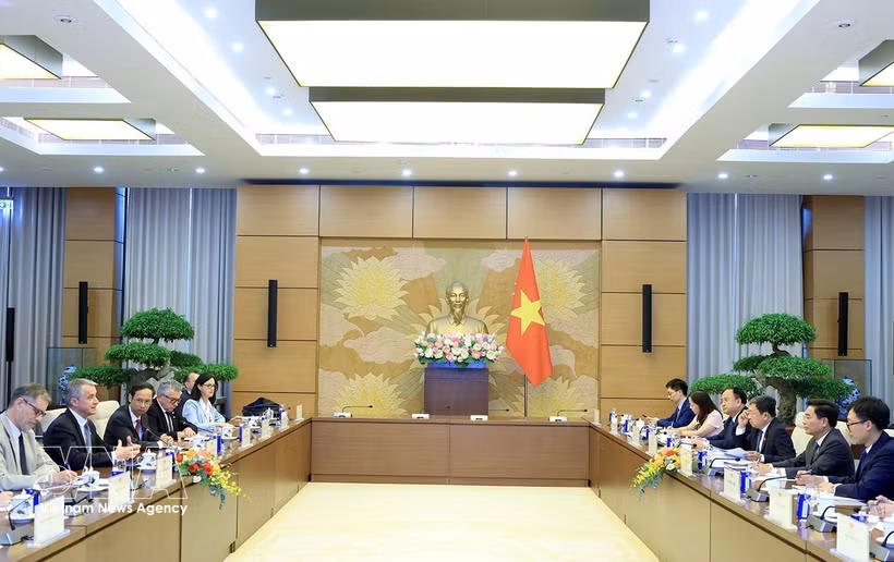 Vice Chairman of the National Assembly (NA), Senior Lieutenant General Nguyen Doan Anh, hosts a reception in Hanoi on June 2 for a delegation from the French National Assembly's Committee of National Defence and Armed Forces. (Photo: VNA)