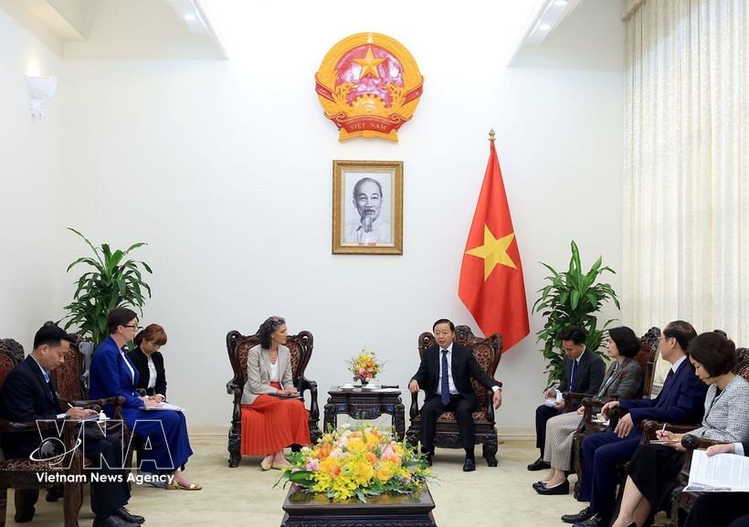 Deputy Prime Minister Tran Hong Ha meets with UNDP Resident Representative Ramla Khalidi and WHO Representative in Vietnam Angela Pratt in Hanoi on March 11. (Photo: VNA)