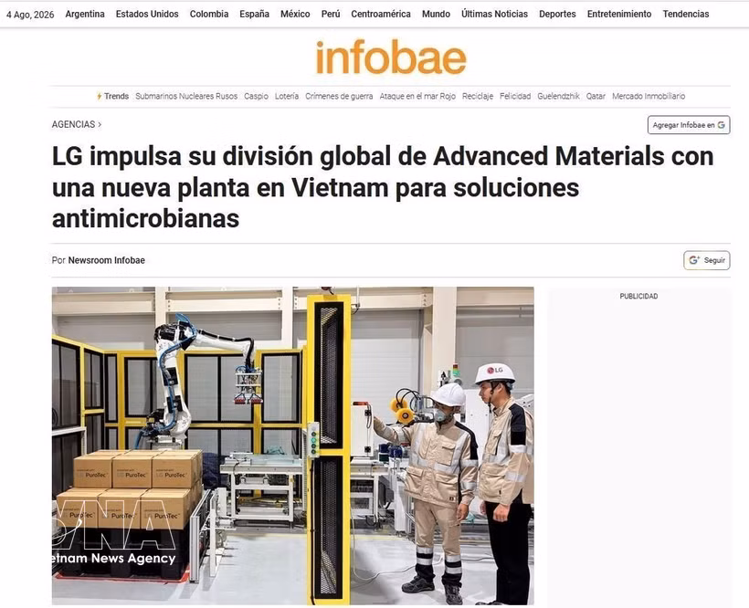 The story about LG's decision to expand its advanced materials production in Vietnam on Infobae, a leading newspaper in Argentina. (Photo: Screenshot)