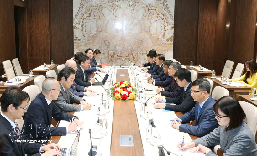 Head of Party Central Committee’s Organisation Commission Le Minh Hung receives Takebe Tsutomu, Special Advisor to Japan–Vietnam Parliamentary Friendship Alliance. (Photo: VNA)