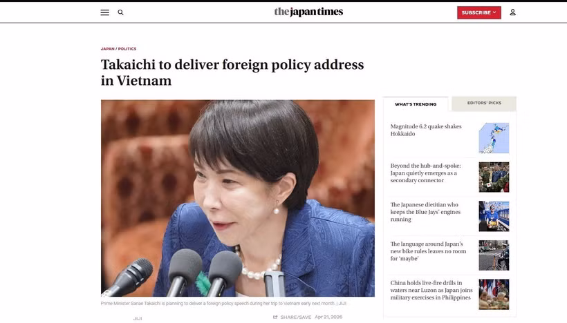 A screenshot of an article on Prime Minister Takaichi Sanae’s upcoming May 1-3 visit to Vietnam published by The Japan Times. 