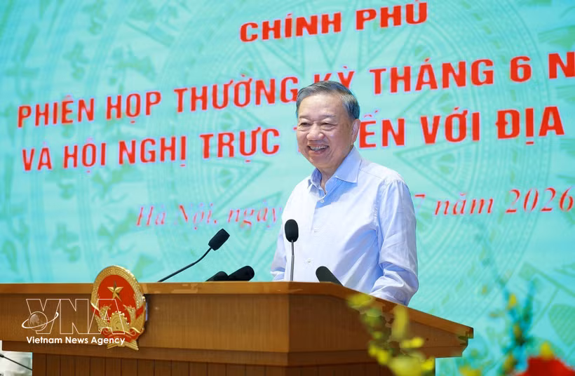 Party General Secretary and State President To Lam speaks at the Government's regular meeting for June and a teleconference with authorities of all localities nationwide on July 4. (Photo: VNA)