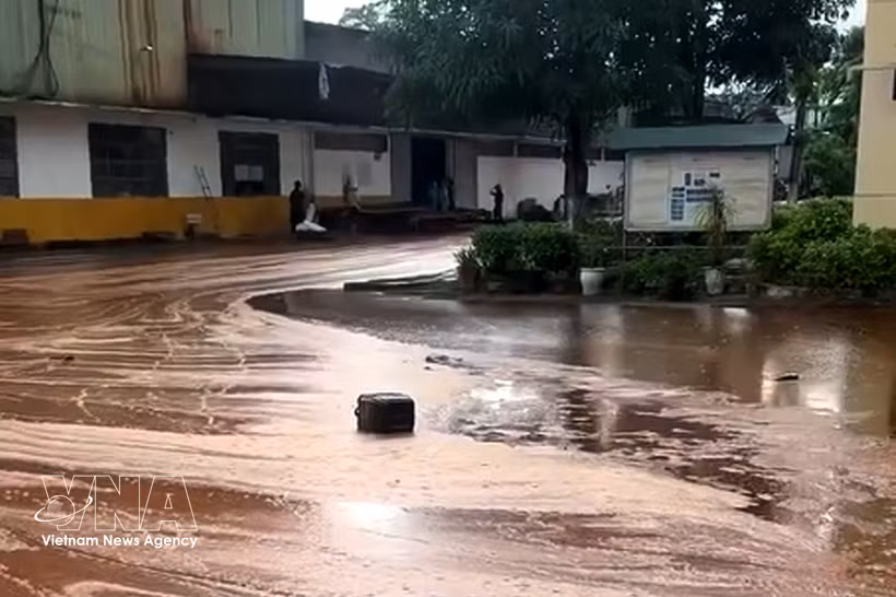A storm with lightning strucks a molasses storage tank at a sugar mill, causing approximately 2,000 tonnes of molasses to spill out. (Photo: VNA)