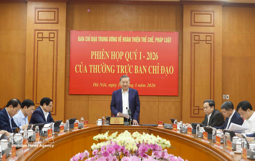 Party General Secretary To Lam (centre) speaks at the first-quarter meeting of the Standing Board of the Central Steering Committee on Perfecting Institutions and Laws. (Photo: VNA)