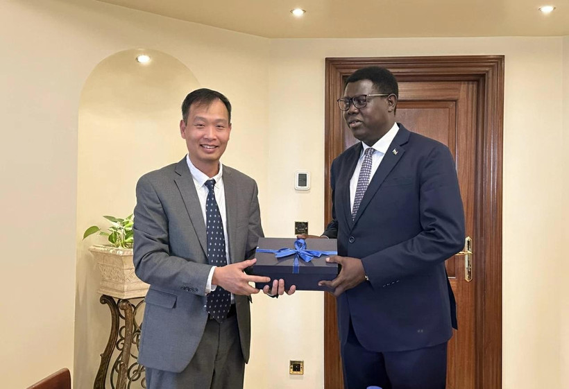 Vietnamese Ambassador to Egypt and South Sudan Nguyen Nam Duong (L) presents gift to South Sudanese Minister of Foreign Affairs and International Cooperation Monday Semaya Kumba (Photo: VNA)