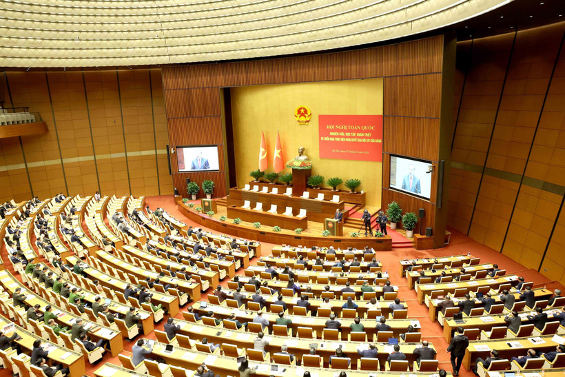 A view of the national conference held by the Politburo and the Secretariat of the Party Central Committee to disseminate and implement the Resolution of the 14th National Party Congress, on February 7 (Photo: VNA)
