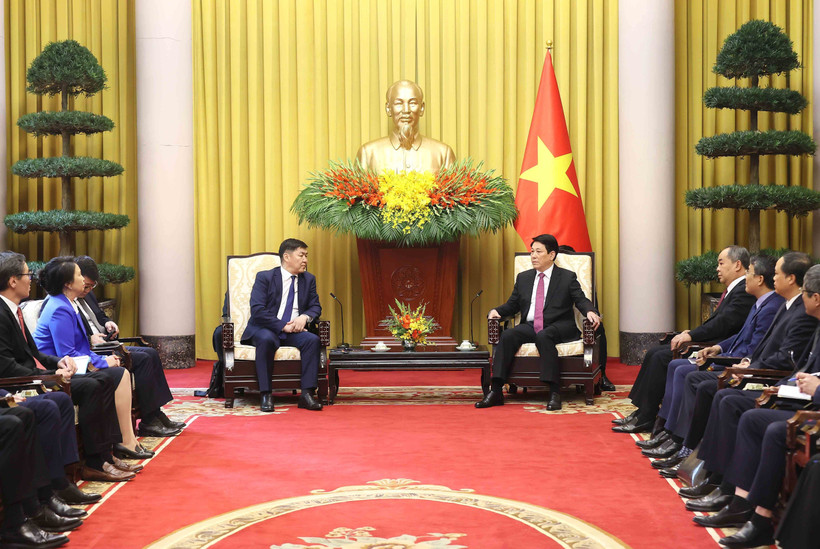 State President Luong Cuong (R) and Chief Justice of the Supreme Court of Mongolia Ganzorig Damdin in Hanoi on March 4. (Photo: VNA)