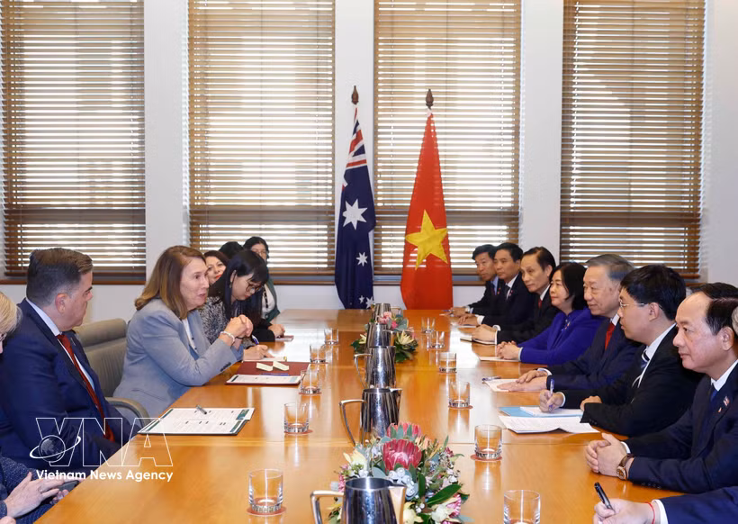 General Secretary of the Communist Party of Vietnam Central Committee and President of Vietnam To Lam meets with President of the Australian Senate Sue Lines and Speaker of the House of Representatives Milton Dick in Canberra on August 11 (Photo: VNA)