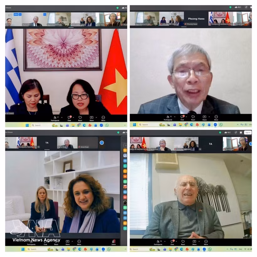 Delegates join the online meeting connecting the Federation of Industries of Greece with the Vietnam Timber and Forest Products Association. (Photo: VNA)