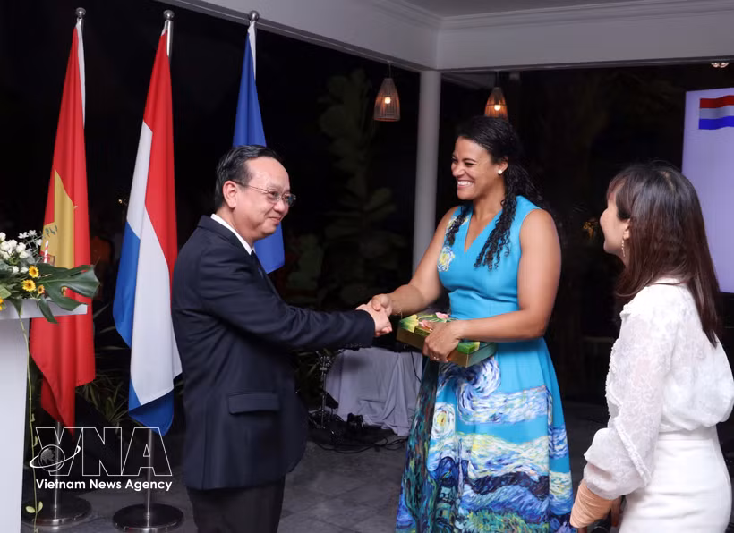 Vice Chairman of the municipal People’s Committee Bui Minh Thanh presents a souvernir to Dutch Consul General in Ho Chi Minh City Raissa Marteaux at the ceremony. (Photo: VNA)