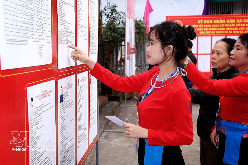 Voters from the Muong ethnic minority group carefully study candidates' profiles before casting their ballots. (Photo: VNA)