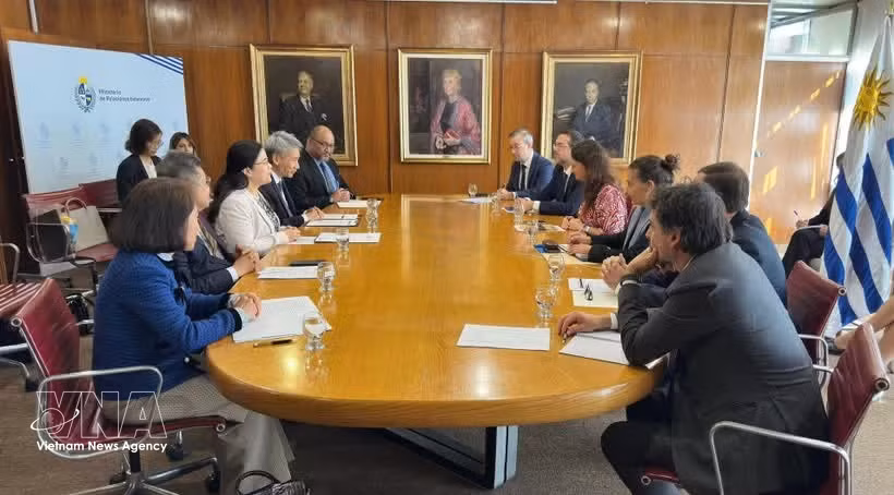 At a working session between Uruguay Undersecretary of Foreign Affairs Valeria Csukasi and diplomats of Vietnam, Thailand, the Philippines, Indonesia, and Malaysia (Photo: VNA)