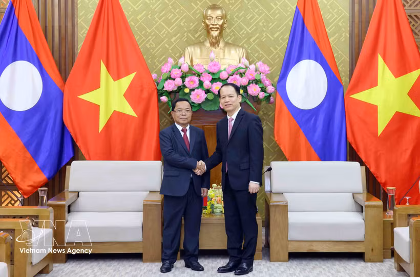 Vietnamese Minister of Justice Hoang Thanh Tung (R) and Lao Deputy Prime Minister and Minister of Justice Khamphan Phommathat meet in Hanoi on June 16. (Photo: VNA)
