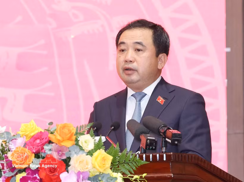 Tran Duc Thang, Secretary of the Hanoi Party Committee for the 2025–2030 term, speaks at the ceremony (Photo: VNA)