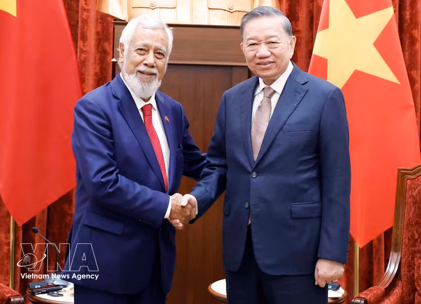 General Secretary of the Communist Party of Vietnam (CPV) Central Committee and State President To Lam (right) and Prime Minister of Timor-Leste Kay Rala Xanana Gusmão at their meeting in Hanoi on June 10 (Photo: VNA)