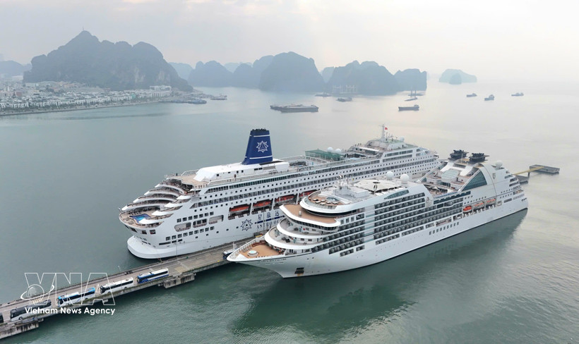 A panoramic view of Ha Long International Cruise Port bustling on the morning of the first day of the Lunar New Year 2026, with the arrival of the luxury super cruise ships Seabourn Encore and Piano Land. (Photo: VNA)