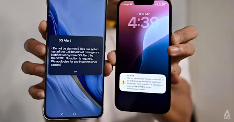 The new mass emergency alert system SG Alert, which will be used during emergencies such as major fires, chemical or terror incidents, seen on an Apple and Android device on Apr 17, 2026. (Photo: CNA)