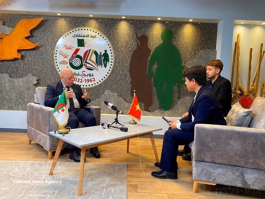 VNA reporter interviews Laid Rebiga, Minister of Mujahideen (Veterans) and Rights Holders of Algeria, on the occasion of the 70th anniversary of the Dien Bien Phu Victory, highlighting its significance and similarities in the national liberation movements of both countries. (Photo: VNA)