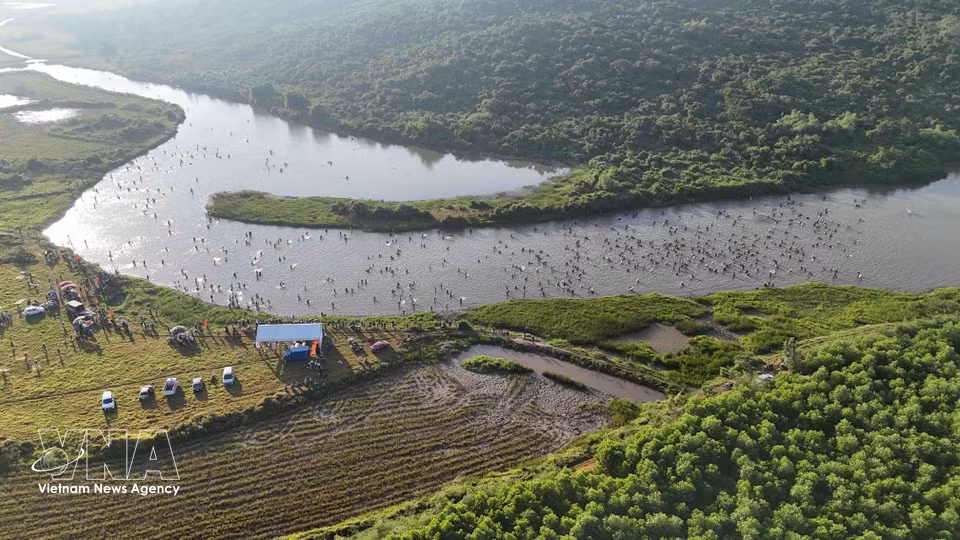 Vuc lagoon in Nam Vien village is a natural freshwater lagoon covering around 30 hectares at the foot of the Hong Linh mountain range. (Photo: VNA)