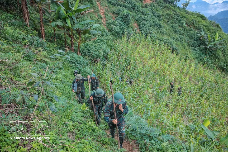 The steep and rugged mountainous terrain makes the journey to search sites arduous and challenging for team members. (Photo: VNA)
