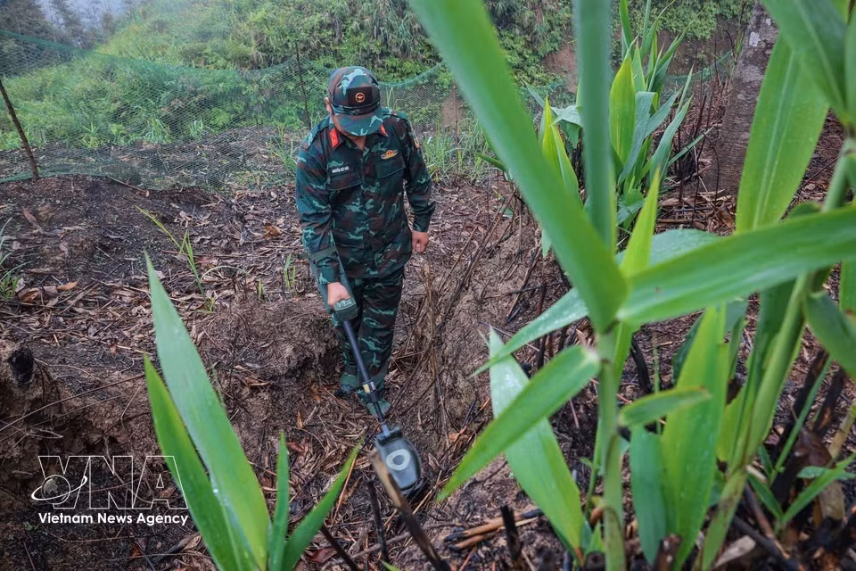Team members use detection equipment to locate and dispose of unexploded ordnance and explosive remnants remaining in areas where searches and recovery operations are being carried out. (Photo: VNA)
