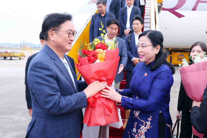 Chairwoman of the NA Committee for Science, Technology, and Environment Nguyen Thanh Hai (R) welcomes Speaker of the National Assembly of the Republic of Korea Woo Won Shik at Noi Bai International Airport. (Photo: VNA)