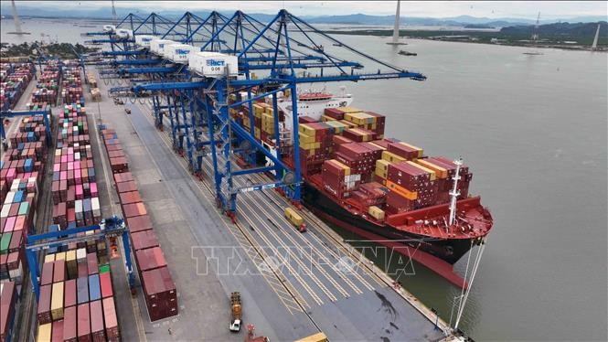 Goods are loaded onto a vessel for export at Hai Phong International Container Port (Photo: VNA)