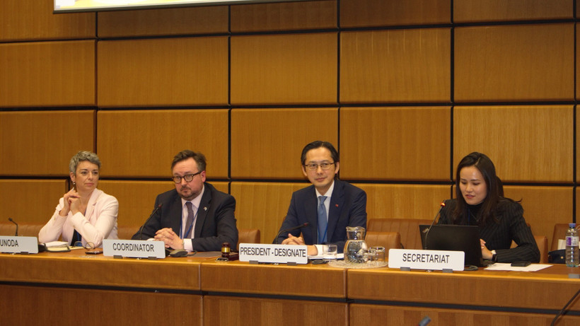 Ambassador Do Hung Viet (second from right), Permanent Representative of Vietnam to the United Nations and President-designate of the 11th Review Conference (RevCon 11) of the Treaty on the Non-Proliferation of Nuclear Weapons (NPT), chairs regional group consultations. (Photo: VNA)