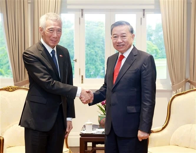 Party General Secretary To Lam (R) meets former Prime Minister Lee Hsien Loong (Photo: VNA)