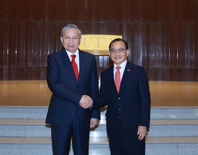 Party General Secretary To Lam (L) meets with Speaker of the Parliament of Singapore Seah Kian Peng (Photo: VNA)