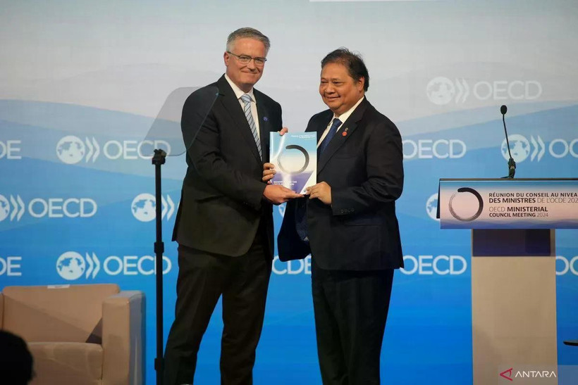Coordinating Minister for Economic Affairs Airlangga Hartarto (right) meets OECD Secretary-General Matthias Cormann (Photo: en.antaranews.com)