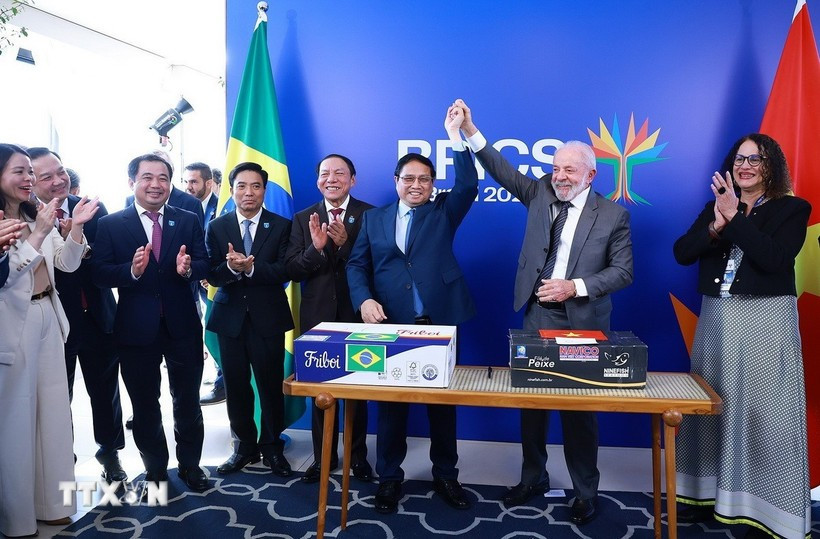 Prime Minister Pham Minh Chinh and Brazilian President Lula da Silva at the signing ceremony for the trade in commercial goods between the two countries. (Photo: /VNA)