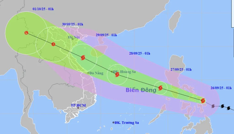 Forecast of Typhoon Bualoi’s position and movement direction at 1:00 on September 26. (Photo: National Centre for Hydro-Meteorological Forecasting) 