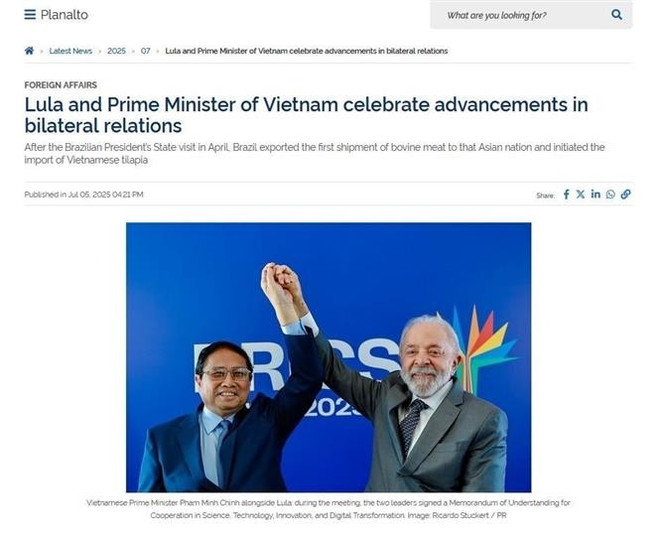 Brazil’s Planalto news site reports on the talks between Vietnamese PM Pham Minh Chinh and Brazilian President Lula da Silva. (Screenshot of the article – VNA) vna-potal-truyen-thong-brazil-dua-tin-dam-net-hoat-dong-cua-thu-tuong-pham-minh-chinh-tai-rio-de-janeiro-8133396.jpg