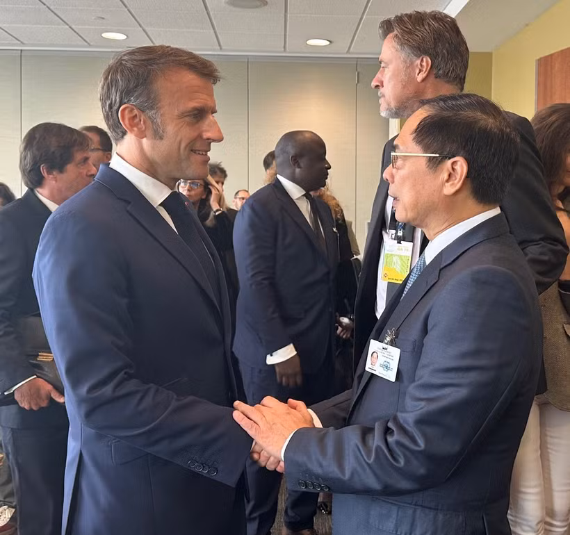 Deputy Prime Minister and Foreign Minister Bui Thanh Son (R) meets French President Emmanuel Macron on September 25. Photo: VNA