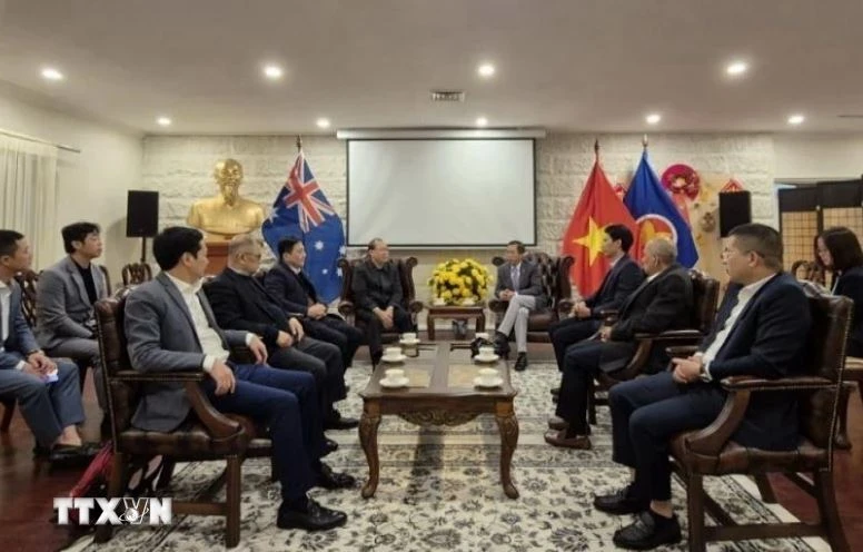 At the meeting between a visting delegation from the Vietnam Fatherland Front Central Committee, headed by Vice Chairman Hoang Cong Thuy, and representatives of the Vietnamese Embassy in Australia on June 14. (Photo: VNA)