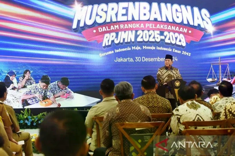 Indonesian President Prabowo Subianto delivers a speech at the National Development Planning Coordination Meeting for the 2025-2029 Medium-Term National Development Plan (RPJMN) in Jakarta on December 30, 2024. (Photo: Antara) 