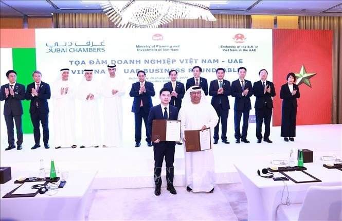 Prime Minister Pham Minh Chinh witnesses the handover ceremony of cooperation agreements between Vietnamese and UAE enterprises. (Photo: VNA)