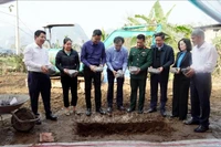 Secretary of Quang Binh provincial Party Committee Le Ngoc Quang (third from the left) and local authorities perform the brick-laying ceremony to start the construction of a house for Cao Thi Ha, a resident in Trung Hoa commune, Minh Hoa district, on January 3 (Photo: VNA)