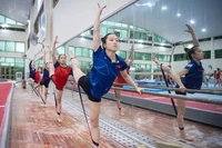 The Vietnamese gymnastics team train hard for the upcoming SEA Games 33. (Photo: hanoimoi.vn)